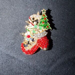 Festive Crystal Christmas Stocking Brooch - Red & Green